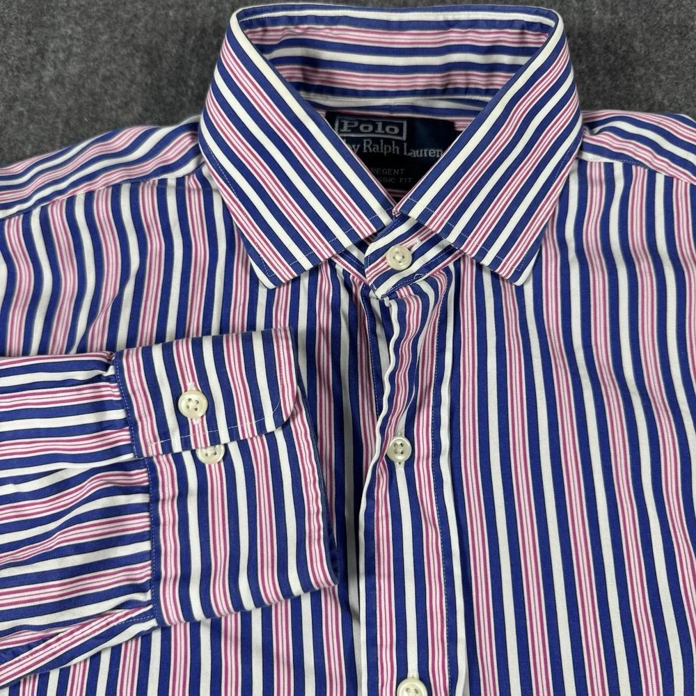 Polo Ralph Lauren Men's Shirt 15.5 M Regent Classic Fit Blue Pink Stripe